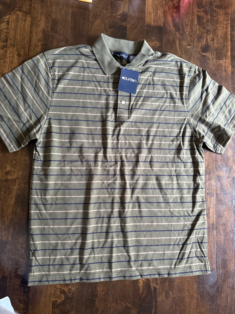 Men’s Olive Green Striped Polo with Navy & White Lines